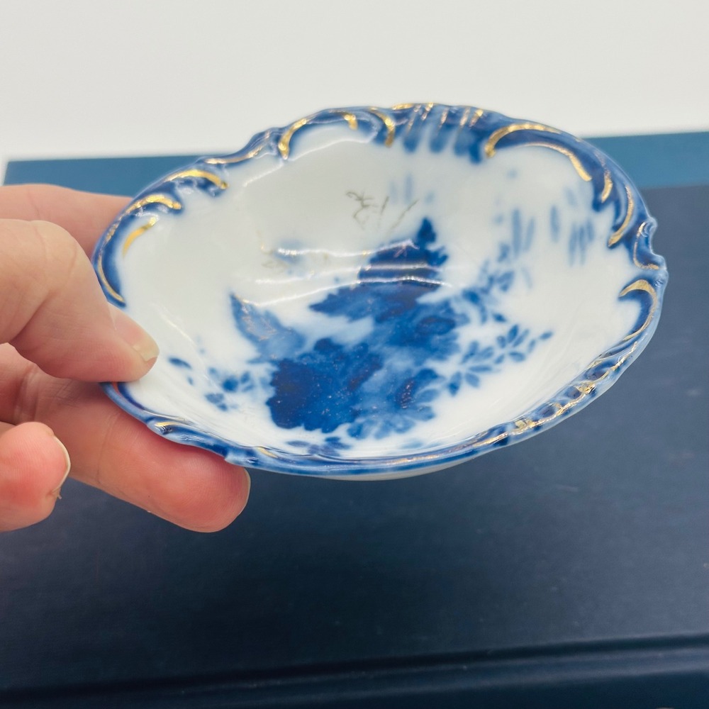 Antique RS Germany Steeple Mark Flow Blue Floral Porcelain Trinket Dish w Gold
